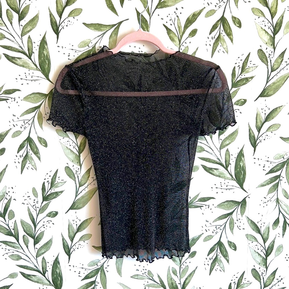 Sheer Black Mesh Scallop Trim Blouse Top